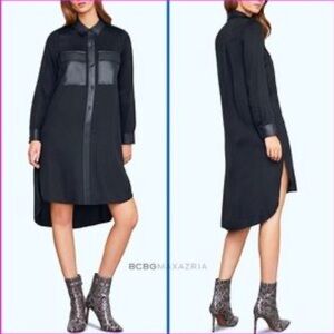 BCBG MAXAZRIA Faux Leather Trimmed Shirt Dress XXS Black High Low Oversize $248